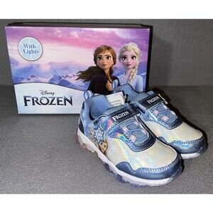 Disney Frozen Anna & Elsa Light-Up Blue Slip on Hook & Loop Girls Sneakers 10